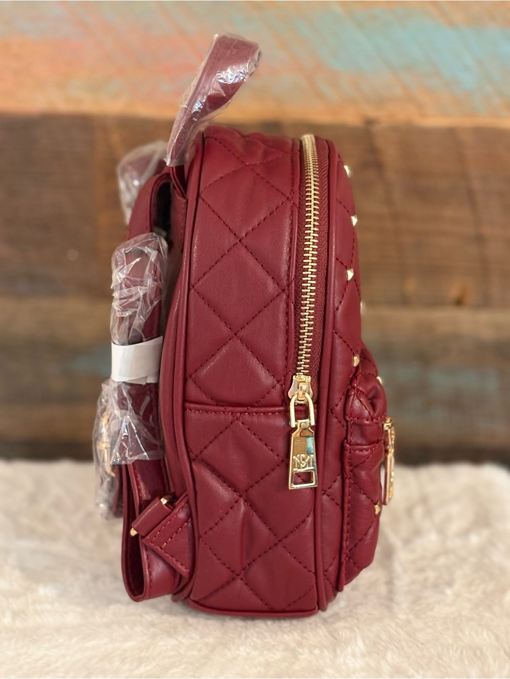Badgley Mischka Quilted Burgundy Mini Backpack with Gold Hardware - Picture 2 of 7